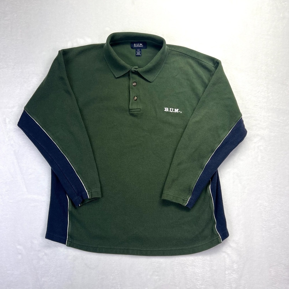 90's Vintage B.U.M. Equipment‎ Mens Green Ribbed Long Sleeve Shirt Mens Large
